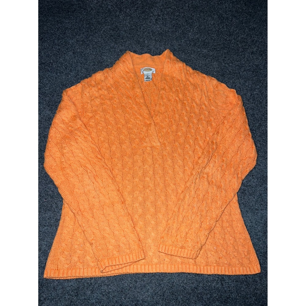 Talbots Orange Cable Knit Sweater XL Cotton Blend V-Neck Pullover Long Sleeve